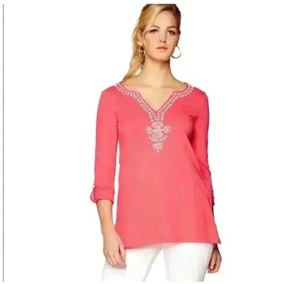 Lilly Pulitzer Island Coral Eliana Beaded Tunic Size Medium - Picture 1 of 8